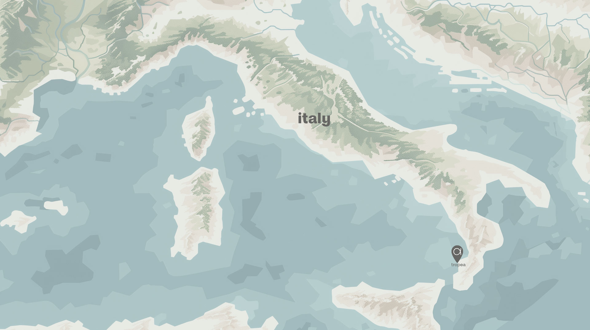 Stilisierte Karte von Süditalien mit hervorgehobener Lage von Tropea an der Westküste Kalabriens, nahe dem Tyrrhenischen Meer. Die Karte zeigt umliegende Regionen, Inseln und Gebirgszüge in vereinfachter topografischer Darstellung.
