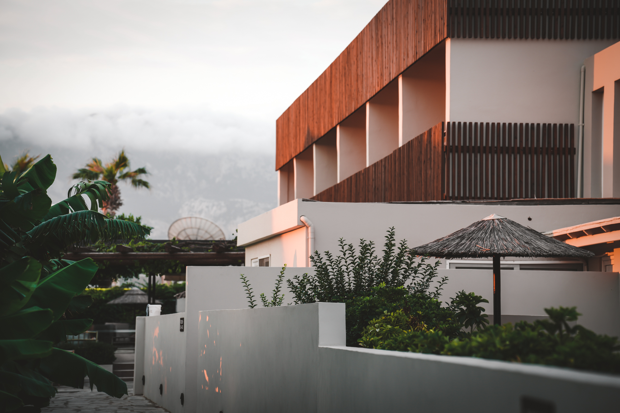 Moderne Hotelarchitektur mit klaren Linien, weißen Fassaden und Holzelementen, eingerahmt von tropischen Pflanzen und Schirmen, im Hintergrund Berge unter leichter Bewölkung.
