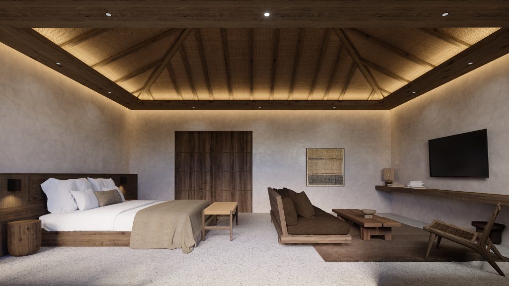 Modernes Hotelzimmer mit Holzdach und dezenten Beleuchtungselementen, ausgestattet mit großem Bett, braunem Sofa, Couchtisch und Wandfernseher.